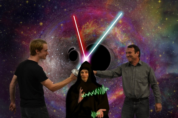 Casey Handmer (postdoctoral scholar at Caltech), Bela Szilagyi (researcher at JPL) and Jeffrey Winicour (professor at Pittsburg) reprise their former stance discussing asymptotically time-like inertial scri+ foliations, now with even better CGI. Image credit: Photo manipulation by Annie Handmer, background image by SXS Collaboration: Andy Bohn et al 2015 Class. Quantum Grav. 32 065002.